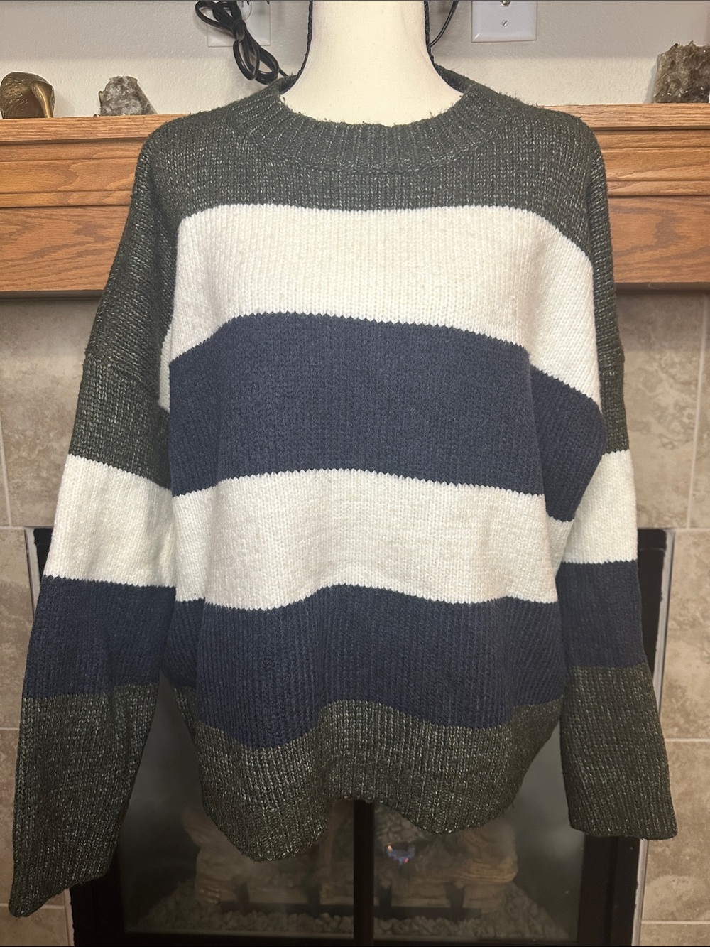 &merci L Colorblock Striped Knit Sweater Olive Navy Cream Oversized Crewneck